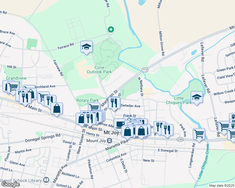 map of restaurants, bars, coffee shops, grocery stores, and more near 216 Midland Circle in Mount Joy