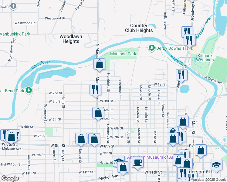 map of restaurants, bars, coffee shops, grocery stores, and more near 805 West 1st Street in Anderson