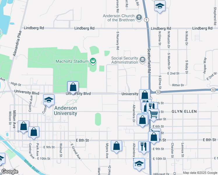 map of restaurants, bars, coffee shops, grocery stores, and more near 1703 Falls Court in Anderson