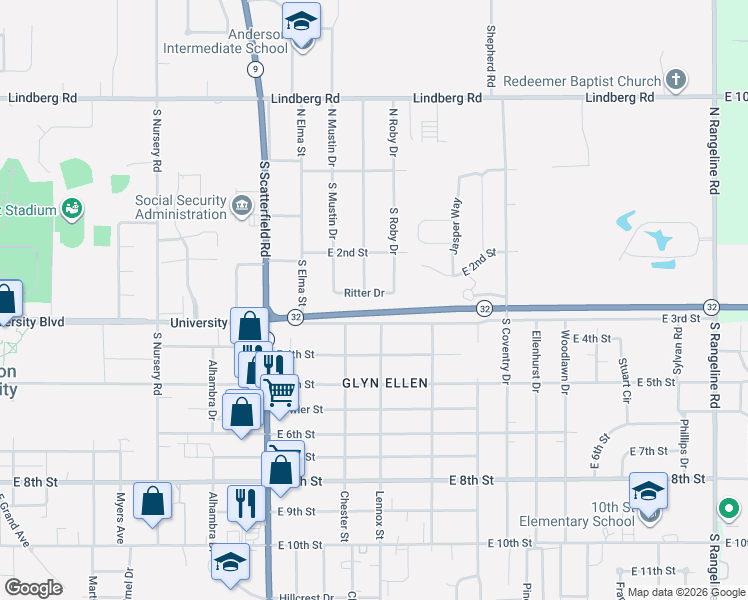 map of restaurants, bars, coffee shops, grocery stores, and more near 220 South Lansdown Way in Anderson