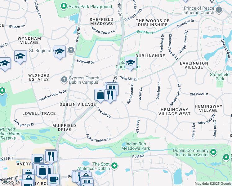 map of restaurants, bars, coffee shops, grocery stores, and more near 7220 Muirfield Drive in Dublin