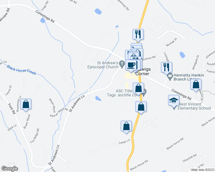 map of restaurants, bars, coffee shops, grocery stores, and more near 15 Saint Andrews Lane in Glenmoore