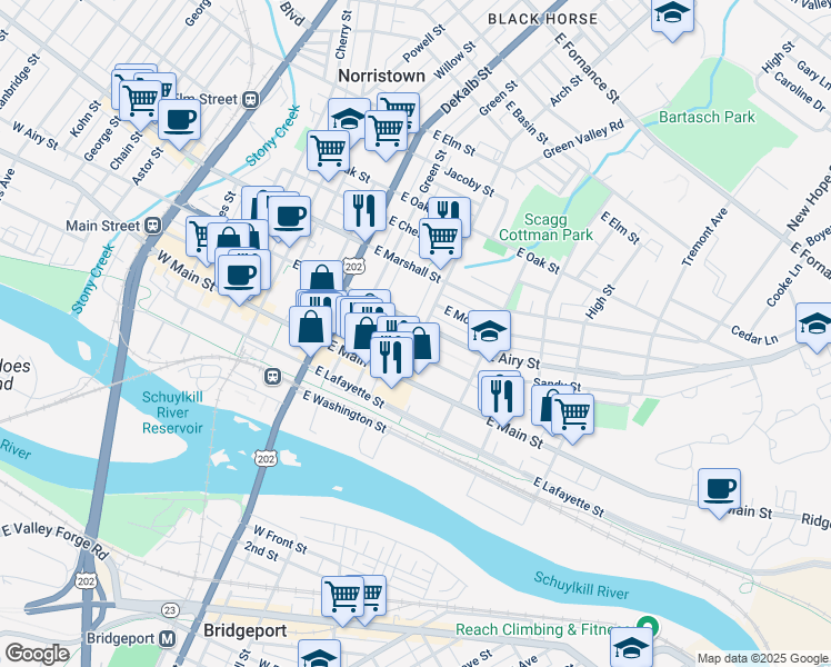 map of restaurants, bars, coffee shops, grocery stores, and more near 235 State Route 3009 in Norristown