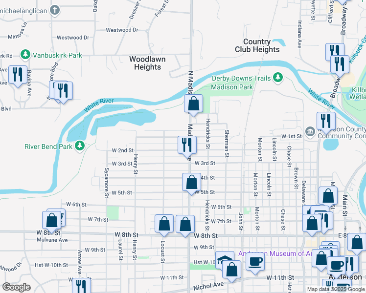 map of restaurants, bars, coffee shops, grocery stores, and more near 1005 West 1st Street in Anderson