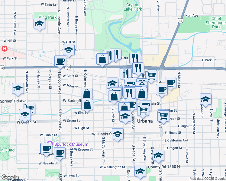 map of restaurants, bars, coffee shops, grocery stores, and more near 402 West Griggs Street in Urbana