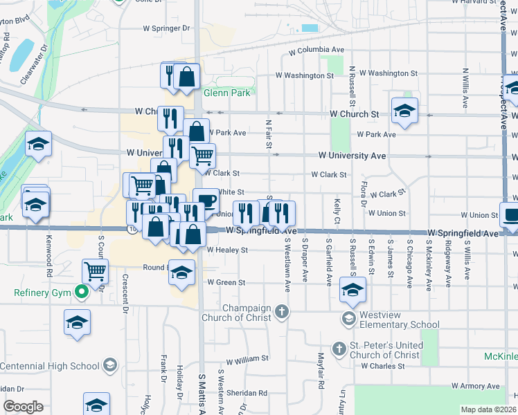 map of restaurants, bars, coffee shops, grocery stores, and more near 1605 West White Street in Champaign