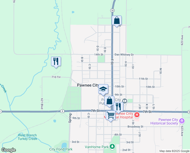 map of restaurants, bars, coffee shops, grocery stores, and more near 303 12th Street in Pawnee City