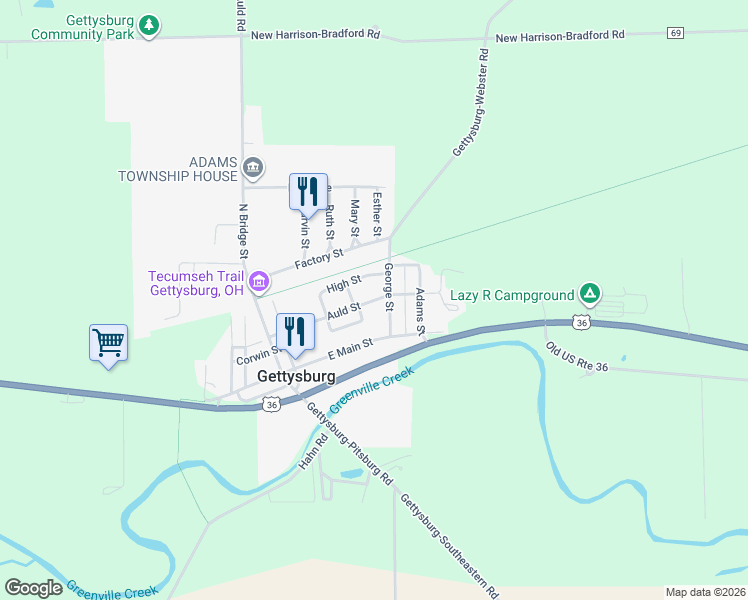 map of restaurants, bars, coffee shops, grocery stores, and more near Auld St in Gettysburg