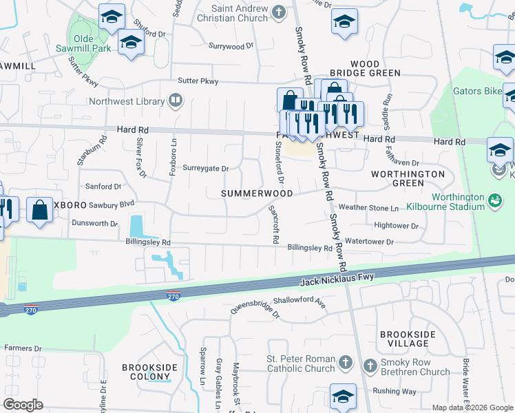 map of restaurants, bars, coffee shops, grocery stores, and more near 7539 Satterfield Road in Columbus