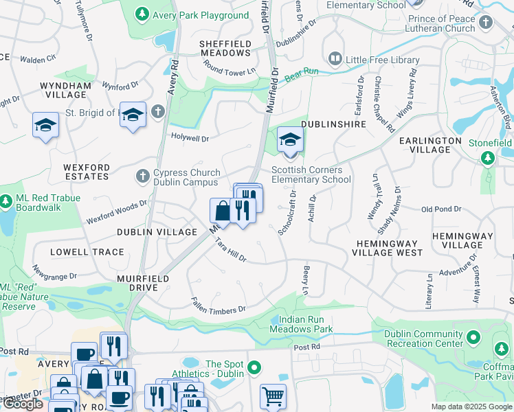 map of restaurants, bars, coffee shops, grocery stores, and more near 7220 Muirfield Drive in Dublin