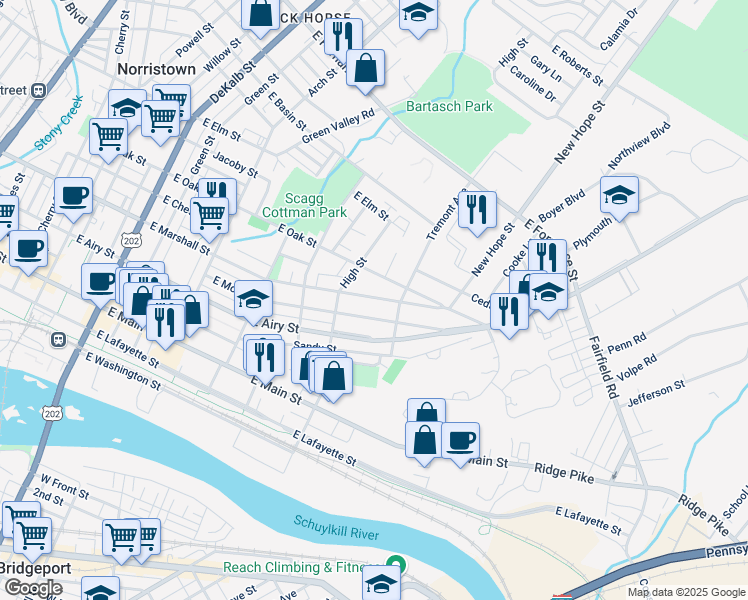 map of restaurants, bars, coffee shops, grocery stores, and more near 652 E Marshall St in Norristown