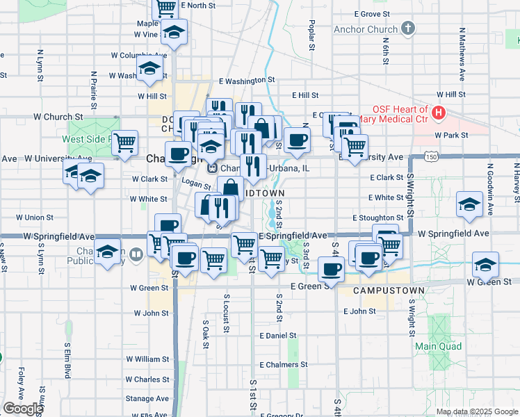 map of restaurants, bars, coffee shops, grocery stores, and more near 254 - 299 South 2nd Street in Champaign