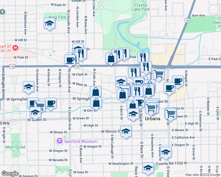 map of restaurants, bars, coffee shops, grocery stores, and more near 502 West Main Street in Urbana