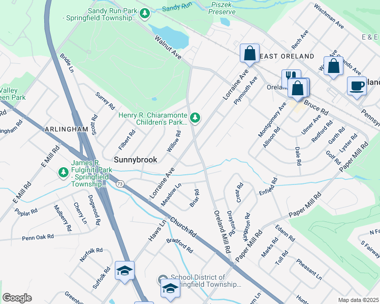 map of restaurants, bars, coffee shops, grocery stores, and more near 410 Lorraine Avenue in Oreland
