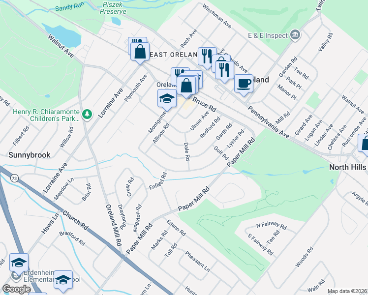 map of restaurants, bars, coffee shops, grocery stores, and more near 200 Redford Road in Oreland