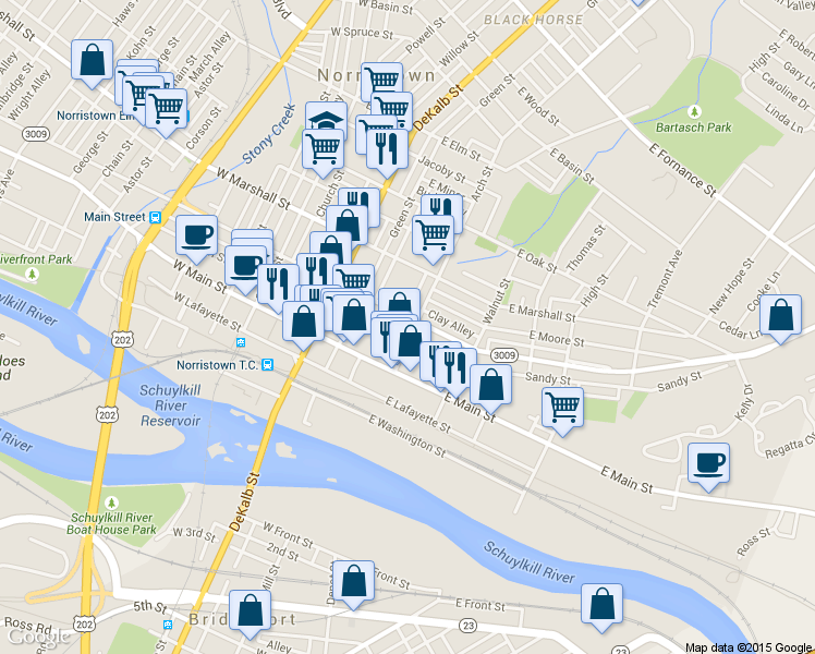 map of restaurants, bars, coffee shops, grocery stores, and more near 423 Arch Street in Norristown