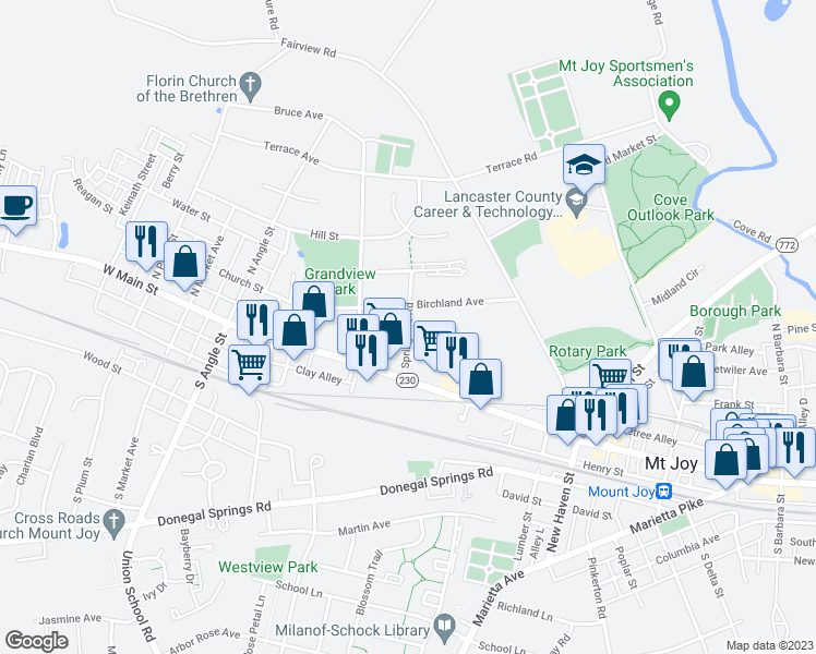 map of restaurants, bars, coffee shops, grocery stores, and more near 66 Springville Road in Mount Joy