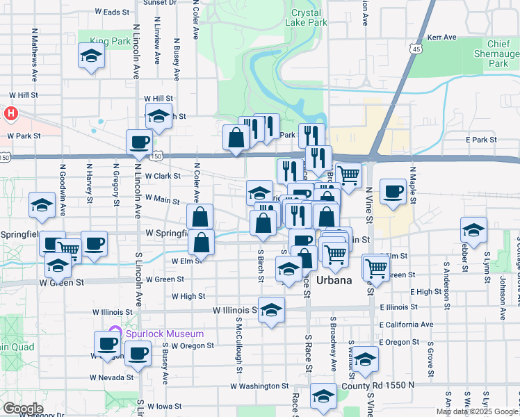 map of restaurants, bars, coffee shops, grocery stores, and more near 402 West Griggs Street in Urbana