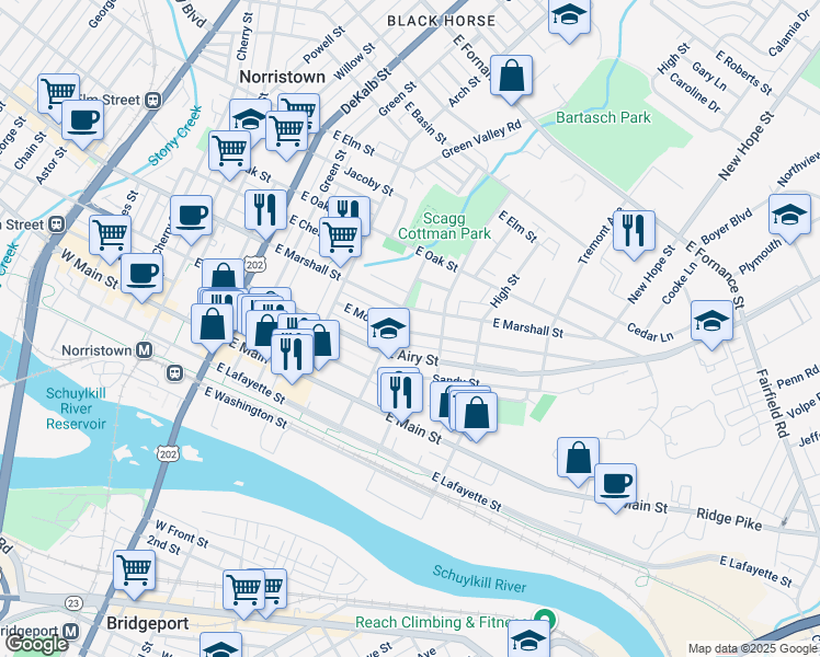 map of restaurants, bars, coffee shops, grocery stores, and more near 423 East Moore Street in Norristown