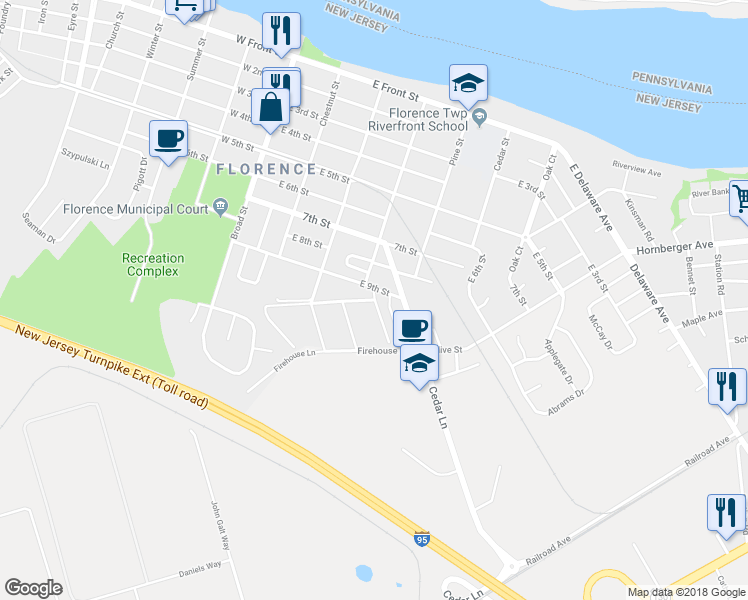 map of restaurants, bars, coffee shops, grocery stores, and more near 39 Florence Tollgate in Florence Township