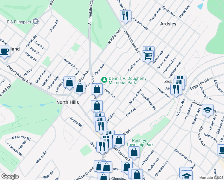 map of restaurants, bars, coffee shops, grocery stores, and more near 319 Central Avenue in Glenside