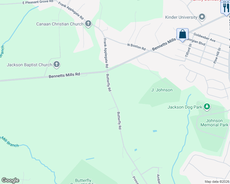 map of restaurants, bars, coffee shops, grocery stores, and more near 33 Butterfly Road in Jackson Township