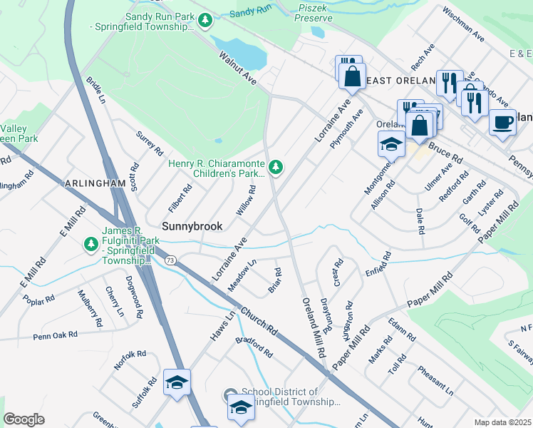 map of restaurants, bars, coffee shops, grocery stores, and more near 410 Lorraine Avenue in Oreland