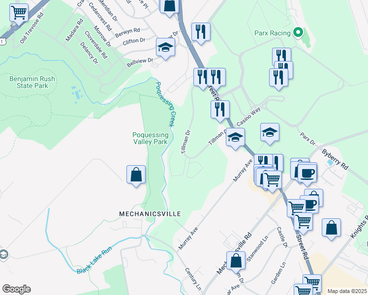 map of restaurants, bars, coffee shops, grocery stores, and more near 3220 Tillman Drive in Bensalem