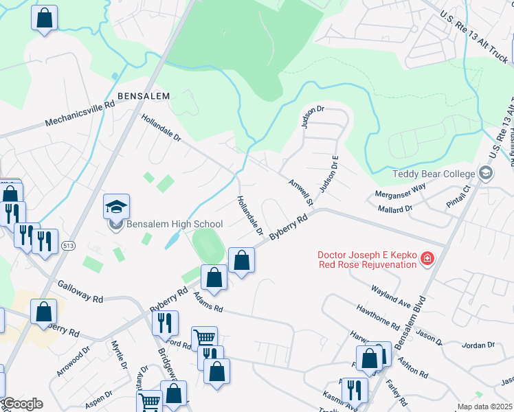 map of restaurants, bars, coffee shops, grocery stores, and more near 122 Casey Lane in Bucks County