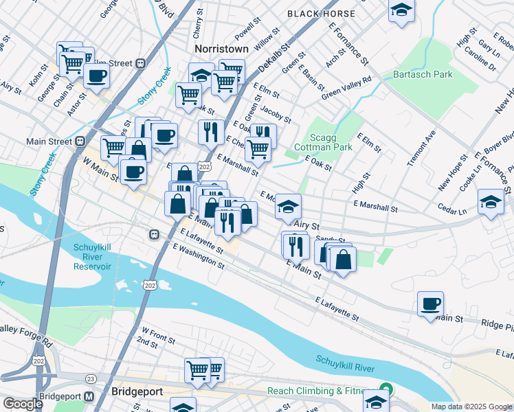 map of restaurants, bars, coffee shops, grocery stores, and more near 317 East Airy Street in Norristown