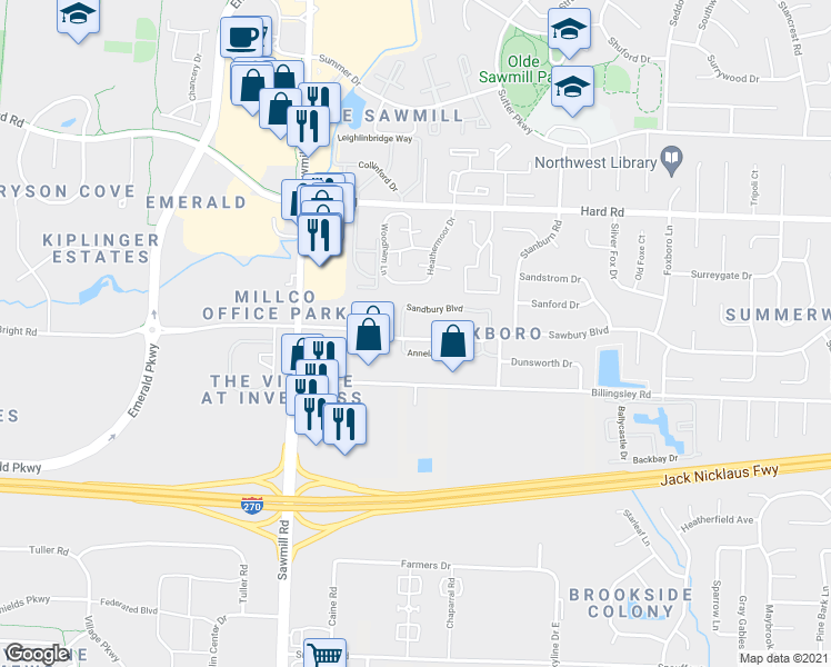 map of restaurants, bars, coffee shops, grocery stores, and more near 2634 Sawbury Boulevard in Columbus