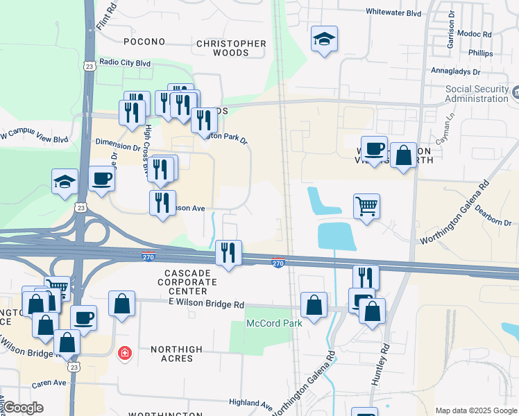 map of restaurants, bars, coffee shops, grocery stores, and more near 7272 Huntington Park Drive in Columbus