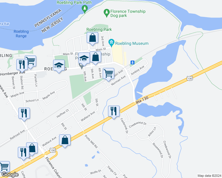 map of restaurants, bars, coffee shops, grocery stores, and more near 290 Norman Avenue in Florence Township