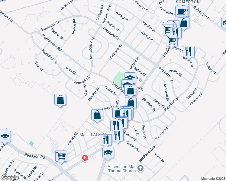 map of restaurants, bars, coffee shops, grocery stores, and more near 476 Tomlinson Road in Philadelphia
