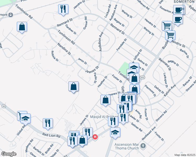 map of restaurants, bars, coffee shops, grocery stores, and more near 476 Parlin Street in Philadelphia