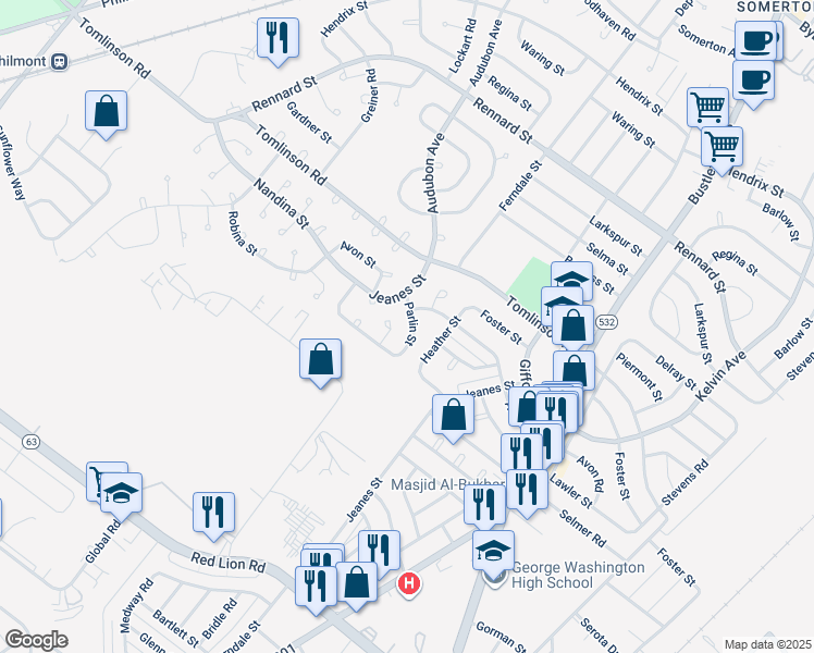 map of restaurants, bars, coffee shops, grocery stores, and more near 493 Parlin Street in Philadelphia
