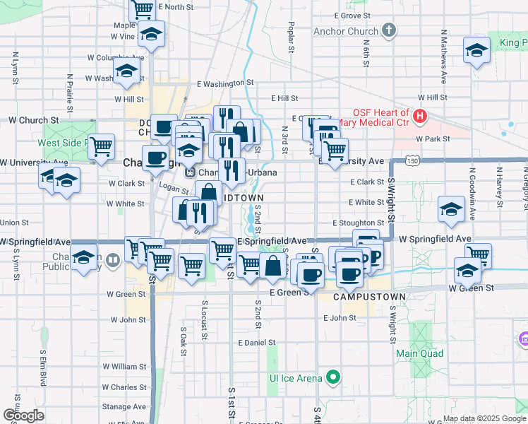 map of restaurants, bars, coffee shops, grocery stores, and more near 217 South 3rd Street in Champaign