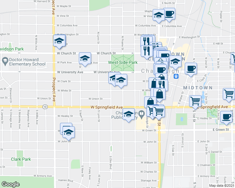 map of restaurants, bars, coffee shops, grocery stores, and more near 410 West White Street in Champaign