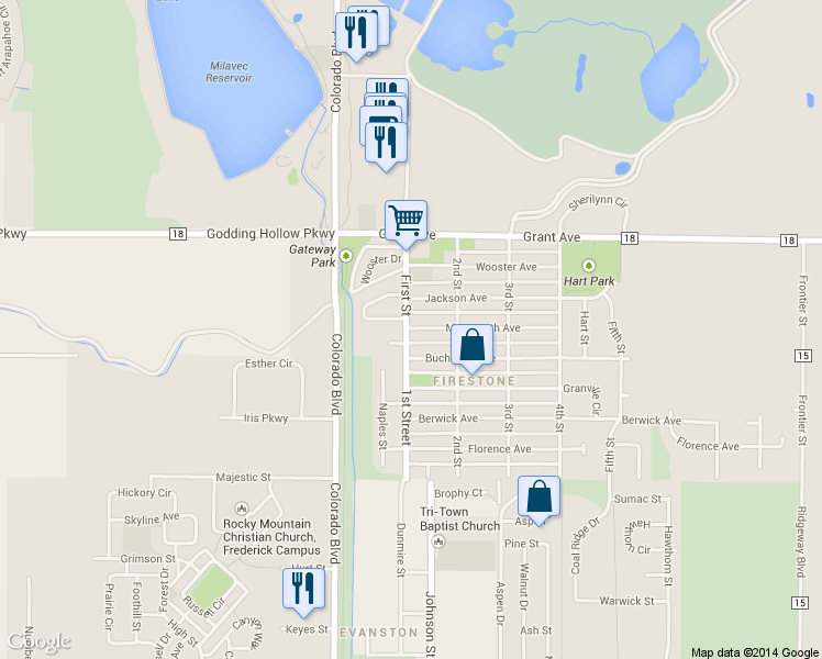 map of restaurants, bars, coffee shops, grocery stores, and more near 110 Monmouth Ave in Firestone