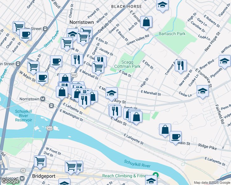 map of restaurants, bars, coffee shops, grocery stores, and more near 419 East Moore Street in Norristown