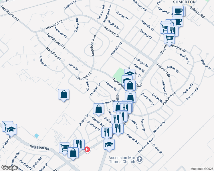 map of restaurants, bars, coffee shops, grocery stores, and more near 516 Foster Street in Philadelphia