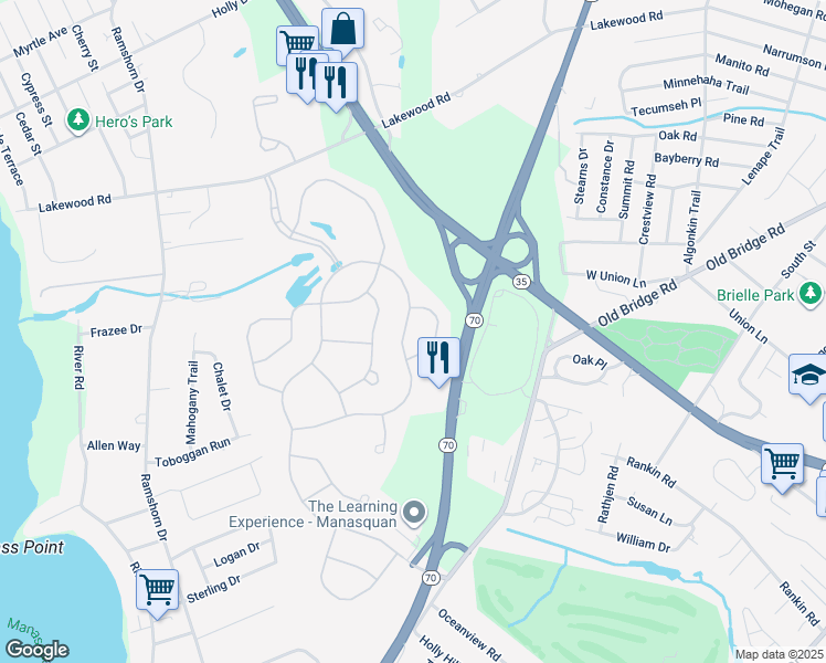 map of restaurants, bars, coffee shops, grocery stores, and more near 2566 Collier Road in Manasquan