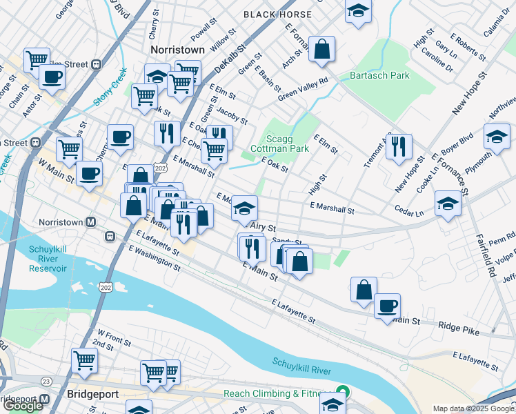 map of restaurants, bars, coffee shops, grocery stores, and more near 423 East Moore Street in Norristown