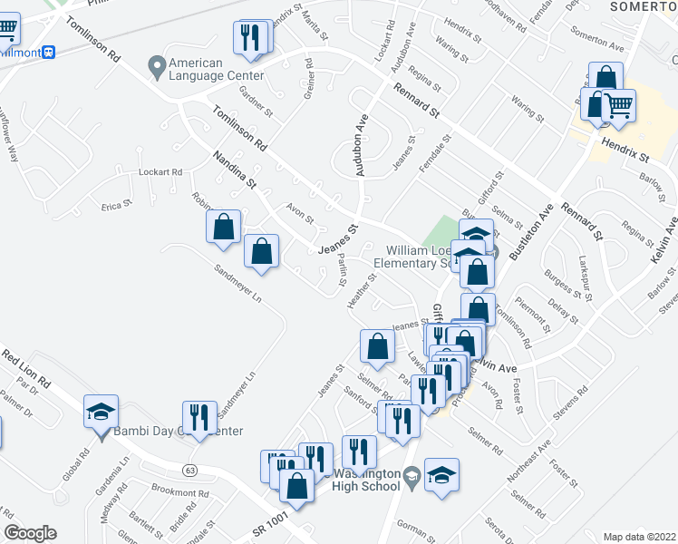 map of restaurants, bars, coffee shops, grocery stores, and more near 481 Parlin Street in Philadelphia