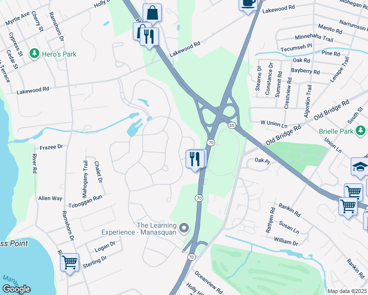 map of restaurants, bars, coffee shops, grocery stores, and more near 2566 Collier Road in Manasquan