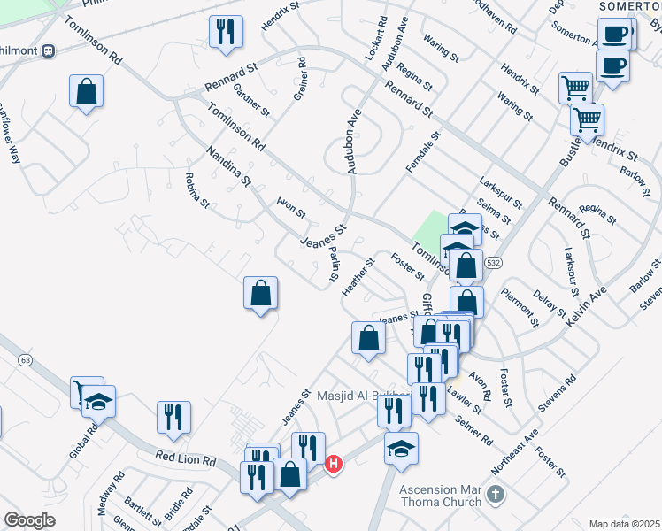 map of restaurants, bars, coffee shops, grocery stores, and more near 481 Parlin Street in Philadelphia