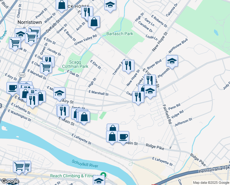 map of restaurants, bars, coffee shops, grocery stores, and more near 729 East Oak Street in Norristown
