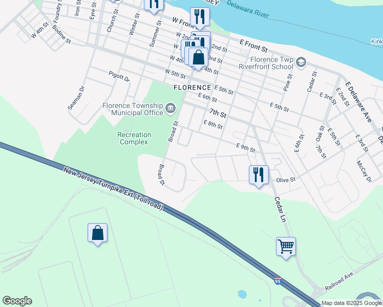 map of restaurants, bars, coffee shops, grocery stores, and more near 1 Florence Tollgate in Florence Township