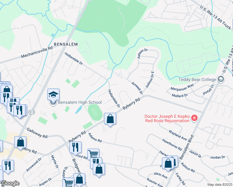 map of restaurants, bars, coffee shops, grocery stores, and more near 122 Casey Lane in Bucks County