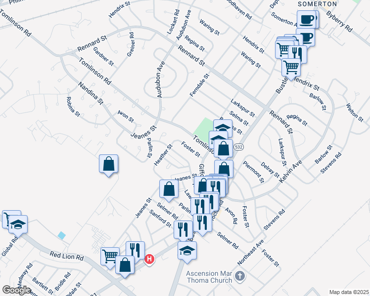 map of restaurants, bars, coffee shops, grocery stores, and more near 516 Foster Street in Philadelphia